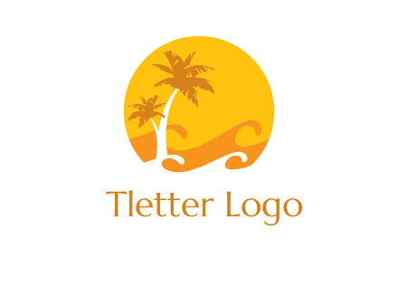 sun logo with palm trees and waves in front