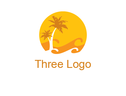 sun logo with palm trees and waves in front
