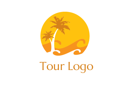 sun logo with palm trees and waves in front