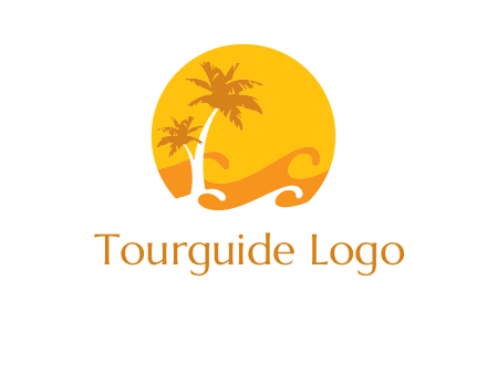 sun logo with palm trees and waves in front