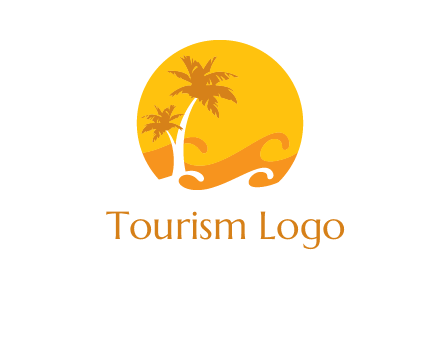 sun logo with palm trees and waves in front