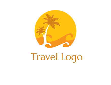sun logo with palm trees and waves in front