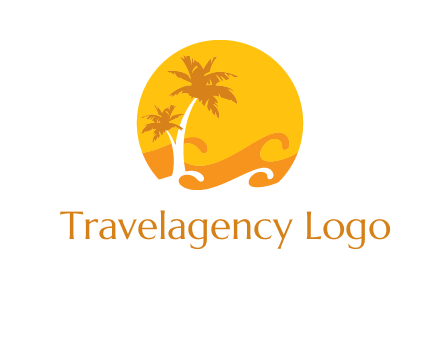 sun logo with palm trees and waves in front