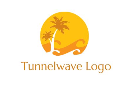 sun logo with palm trees and waves in front