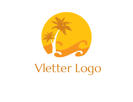sun logo with palm trees and waves in front