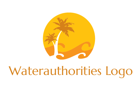 sun logo with palm trees and waves in front