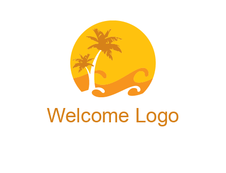 sun logo with palm trees and waves in front