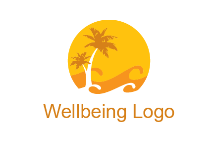 sun logo with palm trees and waves in front