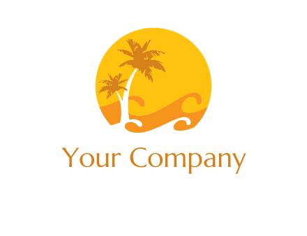 sun logo with palm trees and waves in front