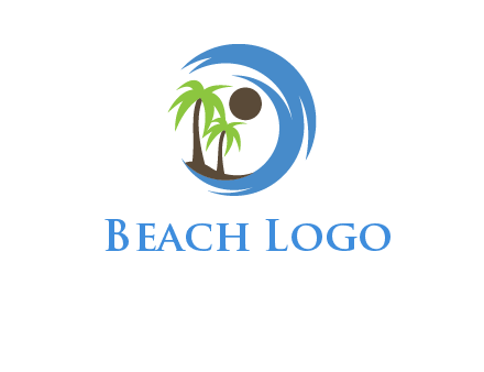 blue brush stoke or waves around sun and palm trees logo
