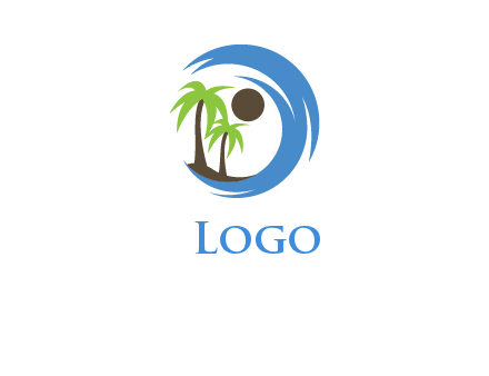 blue brush stoke or waves around sun and palm trees logo