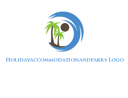 blue brush stoke or waves around sun and palm trees logo