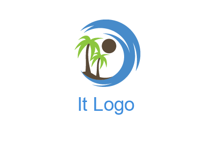 blue brush stoke or waves around sun and palm trees logo