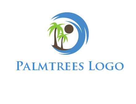 blue brush stoke or waves around sun and palm trees logo