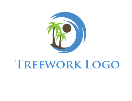 blue brush stoke or waves around sun and palm trees logo