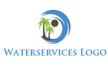 blue brush stoke or waves around sun and palm trees logo