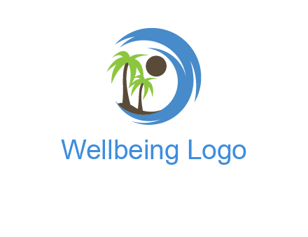 blue brush stoke or waves around sun and palm trees logo