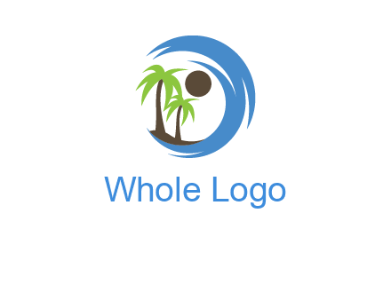 blue brush stoke or waves around sun and palm trees logo