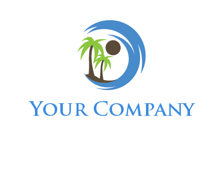 blue brush stoke or waves around sun and palm trees logo