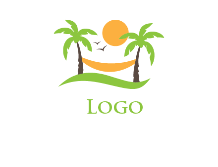 exotic vacation logo with the sun shining on a hammock connected to palm trees