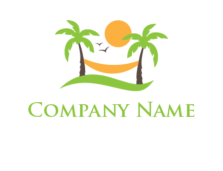 exotic vacation logo with the sun shining on a hammock connected to palm trees