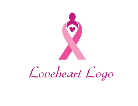 pink breast cancer ribbon logo with a heart and woman icon