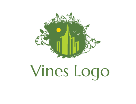 city skyline inside a nest with vines logo