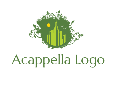 city skyline inside a nest with vines logo