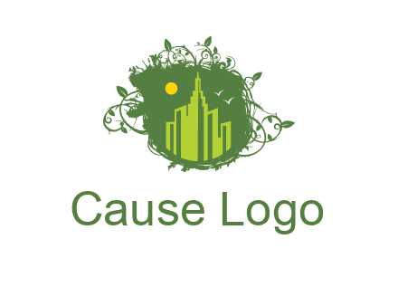 city skyline inside a nest with vines logo