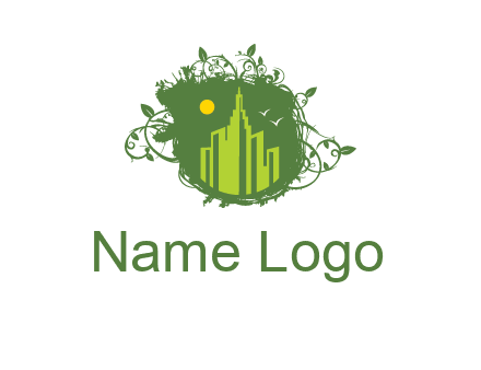 city skyline inside a nest with vines logo