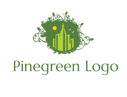 city skyline inside a nest with vines logo