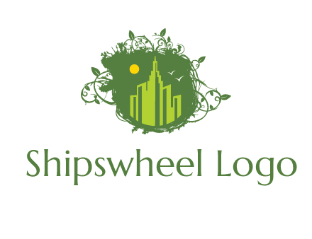 city skyline inside a nest with vines logo