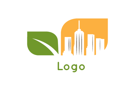 leaf and city skyline in a logo