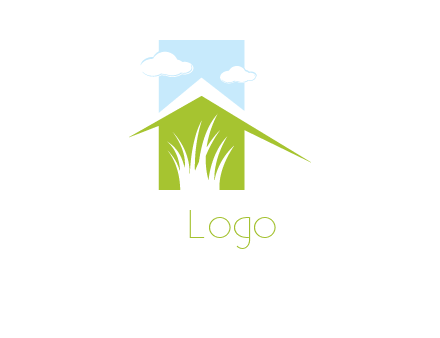 home inside a landscaping logo with grass and clouds