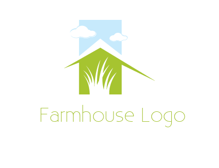 home inside a landscaping logo with grass and clouds