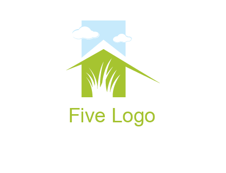 home inside a landscaping logo with grass and clouds