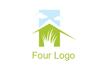 home inside a landscaping logo with grass and clouds