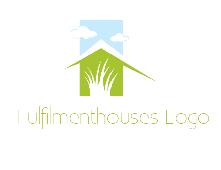 home inside a landscaping logo with grass and clouds