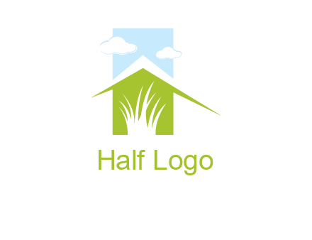 home inside a landscaping logo with grass and clouds