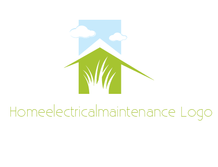 home inside a landscaping logo with grass and clouds