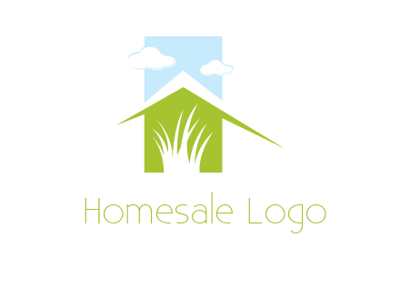 home inside a landscaping logo with grass and clouds