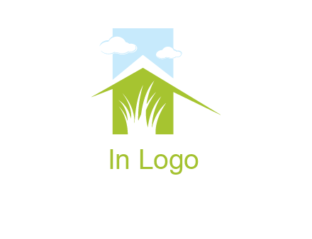 home inside a landscaping logo with grass and clouds