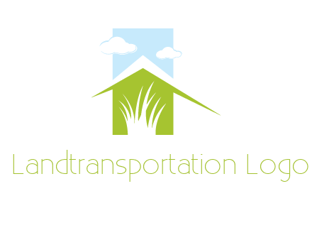 home inside a landscaping logo with grass and clouds