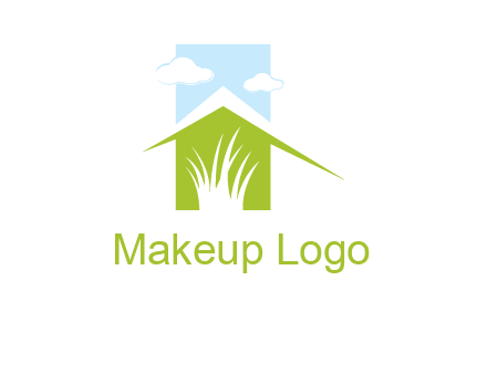 home inside a landscaping logo with grass and clouds