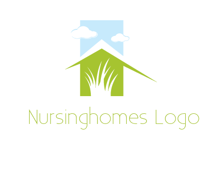 home inside a landscaping logo with grass and clouds