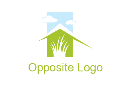 home inside a landscaping logo with grass and clouds