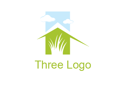 home inside a landscaping logo with grass and clouds
