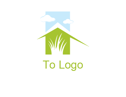 home inside a landscaping logo with grass and clouds