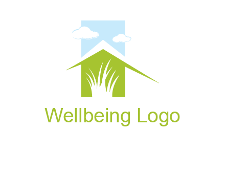 home inside a landscaping logo with grass and clouds