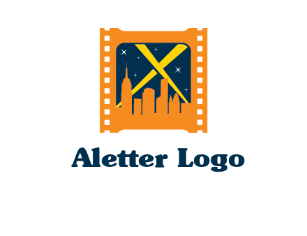city skyline inside the film reel with spot lights logo